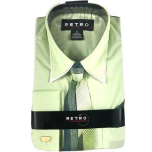 Retro Boys Green Dress Shirt Green Tie Hanky Set Double Collar Size 12